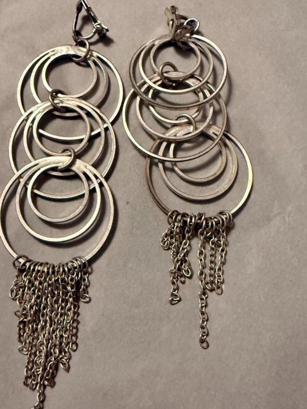Silver Tone Oversized Chandelier Earrings Chain Tassel Boho Statement AS IS